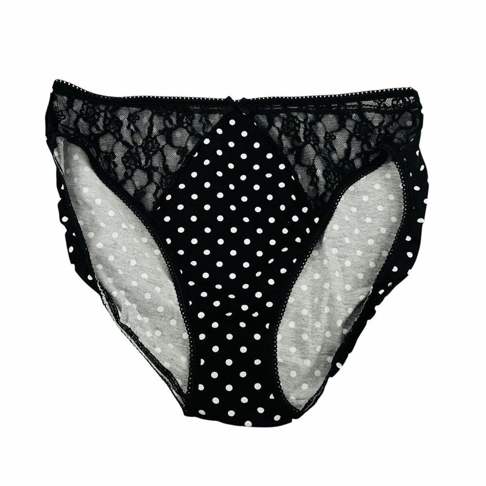 Victoria's Secret Black White Polka Dot Lace Inlay High Leg Brief Panty Large